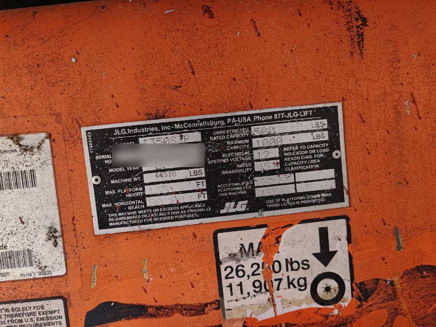 Machine nameplate close-up used to confirm model and specification